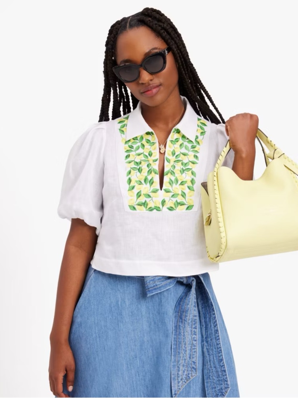 Kate Spade Embroidered Lemons Puff Sleeve Top